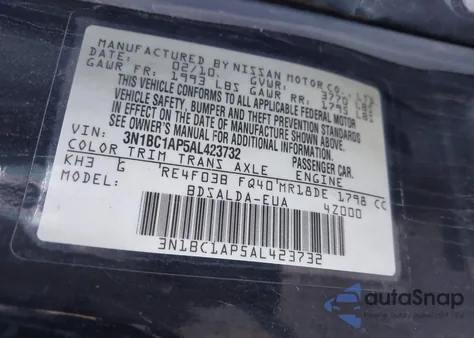 2010 Nissan Versa 1.8S z USA, uszkodzony, nr VIN 3N1BC1AP5AL423732